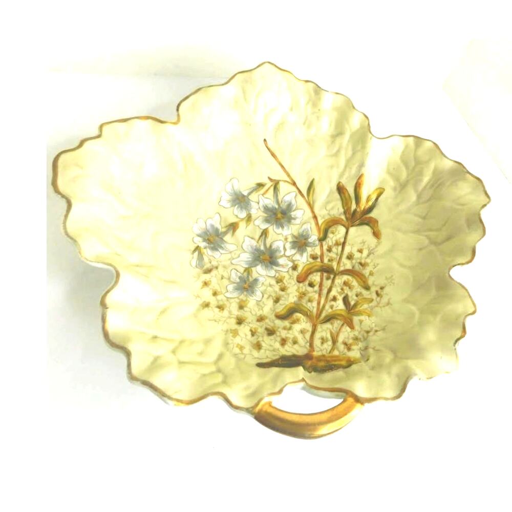 Antique Victoria Carlsbad Austria Porcelain Leaf Platter Gilded Floral Tray - Picture 2 of 11